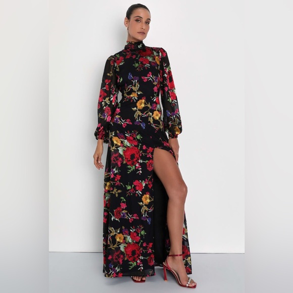 Lulus Dresses & Skirts - NWT Lulus Graceful Arrival Black Floral Burnout Backless Maxi Dress XL